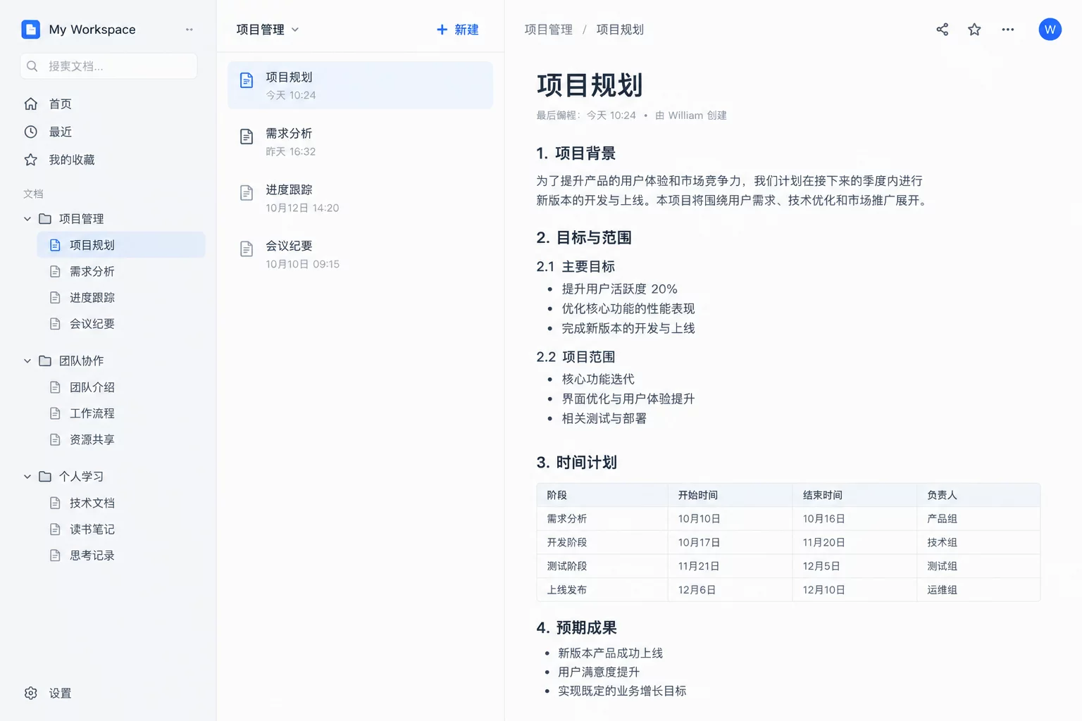 Workspace document organization with BlockNote